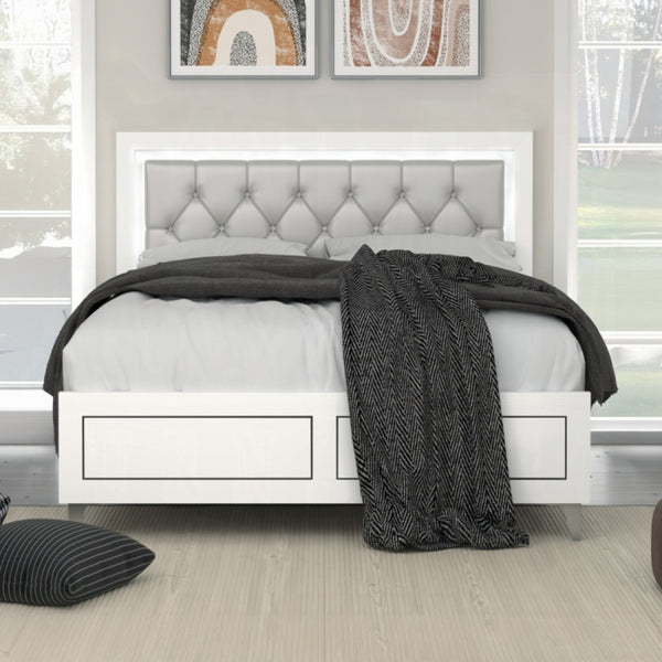 English Elm Contemporary Queen Platform Bed with Gray PU Tufted LED Headboard and Chrome Legs for Modern Bedrooms White 82 L x 29 W x 10 H B2741P405687