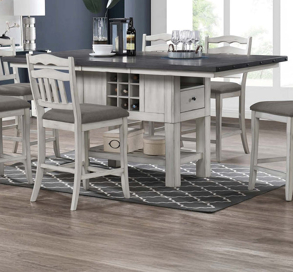 English Elm Antique Counter Height Dining Table 60" with 18" Leaf, Distressed White-Grey Finish, Built-In Wine Storage B011S01887