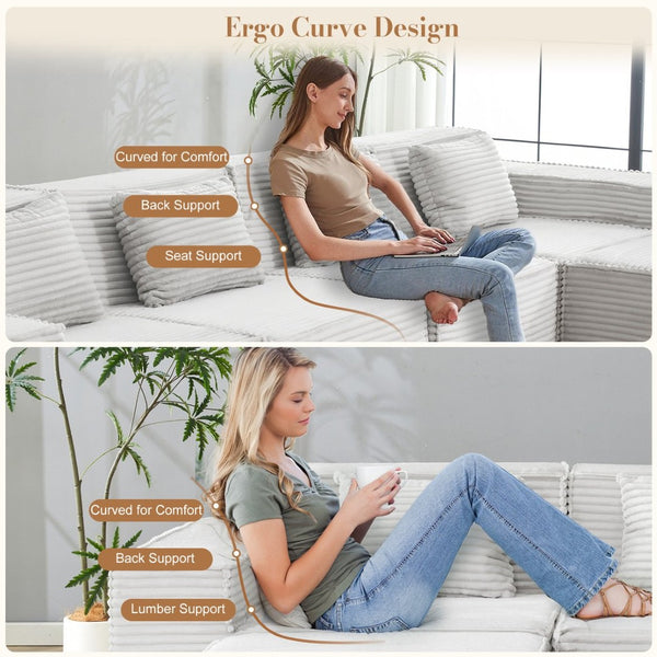 English Elm L-shaped Corduroy Sectional with Ottoman Three Seat Modular Sofa for Modern Living Light Gray W2699S00081