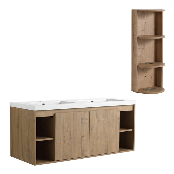 English Elm 48" Wall-Mounted Bathroom Vanity With Double Sink, Storage Rack & Soft Close Doors For Modern Spaces W999S00347