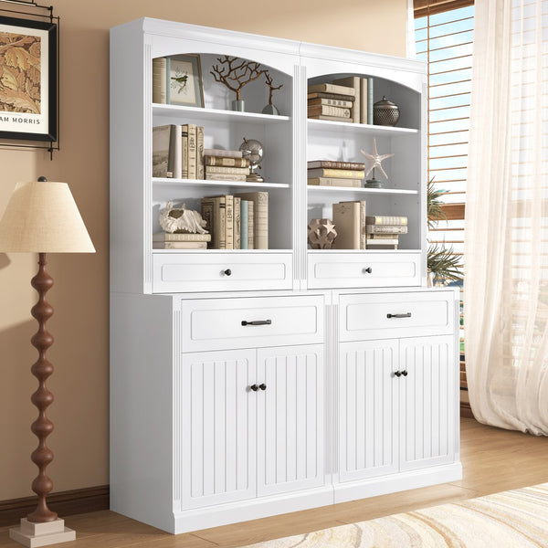 English Elm White Bathroom Storage Cabinet with Zinc Knob Doors, 4 Drawers, 6 Open Shelves & Adjustable Tiers for Organized Space (63"x10.8"x78.7") N725S252486K