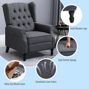 English Elm HOMCOM Vintage Tufted Wingback Recliner Chair with Retractable Footrest, Linen Upholstery, Grey - Adjustable Comfort and Solid Frame W2225P217220