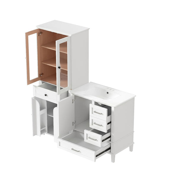 English Elm 67.57" Tall Matte Cabinet Vanity Combo with Glass Doors Soft-close Drawers Sink White N729P000033K