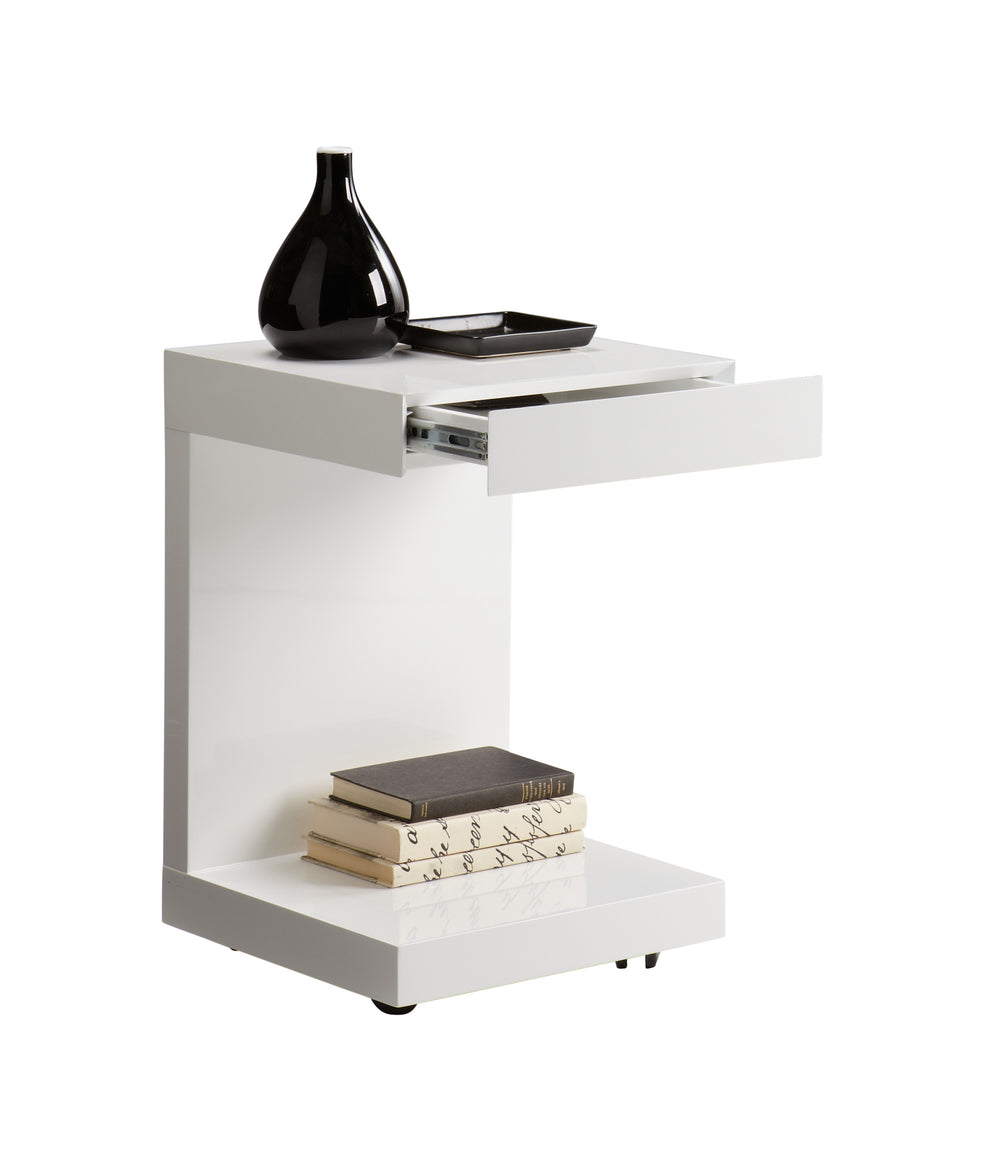 Sunpan Bachelor C-Shaped End Table with Hidden Drawer & Wheels - Sleek High Gloss White Design, Versatile Use