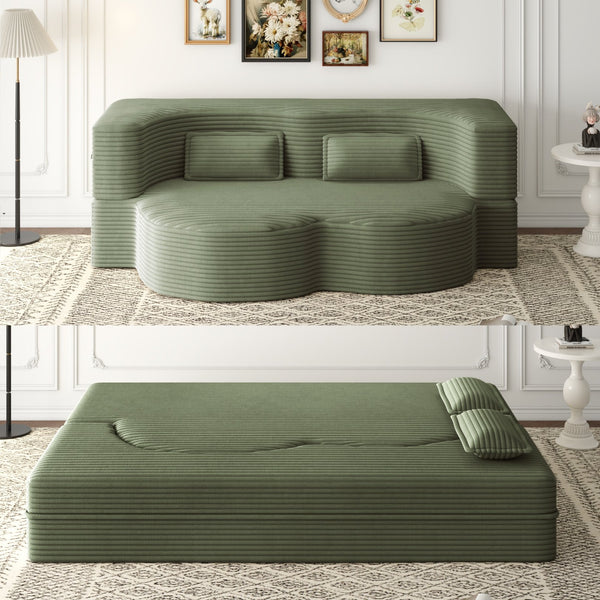 English Elm Modern Full Size Folding Sofa Bed Plush Corduroy Convertible Sleeper with 2 Pillows Foam-Filled 15" Mattress Green W1885P369586