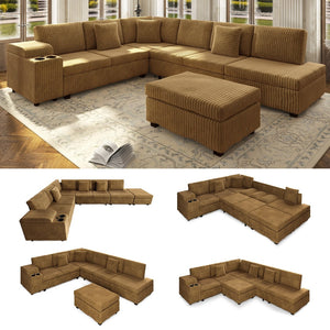English Elm 110.2" Corduroy Sectional Sleeper Sofa with Ottoman Usb Ports Storage Armrests Living Room Camel W3219S00015