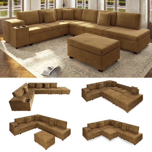 English Elm 110.2" Corduroy Sectional Sleeper Sofa with Ottoman Usb Ports Storage Armrests Living Room Camel W3219S00015