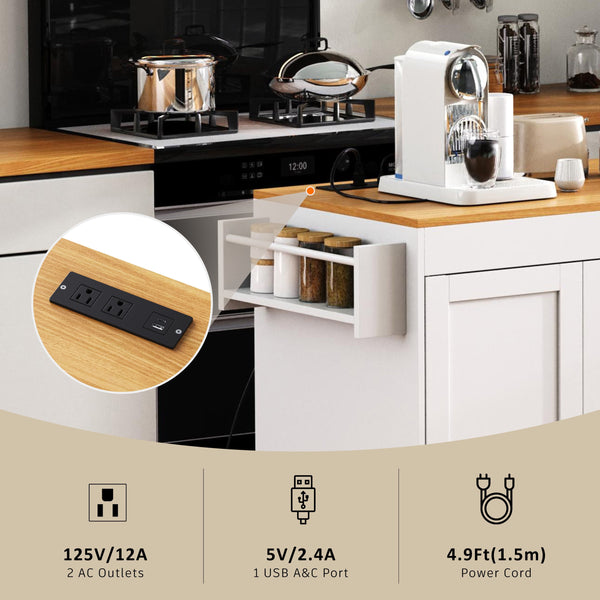 English Elm K&K 43.3" Kitchen Island with 27.6" Extendable Dining Table, Power Outlet, 7 Wheels, Ample Storage White N707P303401W