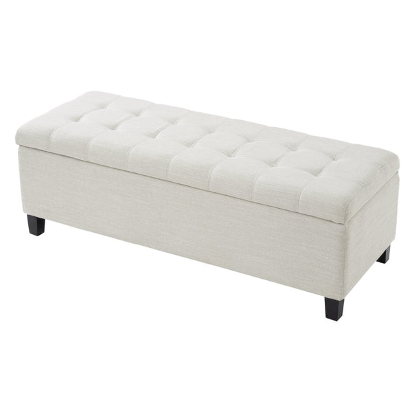 English Elm Upholstered Boucle Storage Bench Flip Top Lid Rubberwood Legs Bedroom Entryway Seating Beige N779P395018B