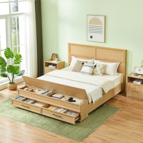 English Elm Queen Storage Bed with Geometric 3d Headboard Four Drawers and Walnut Finish W1820S00057