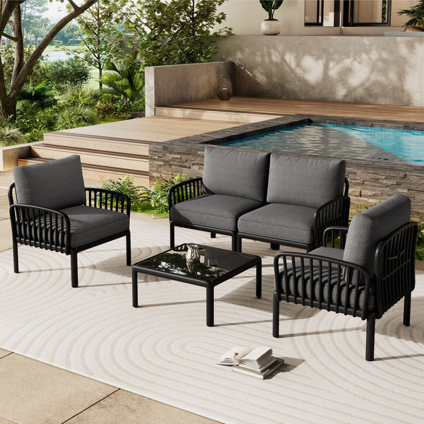 English Elm Christopher Knight Home® - 5 Modern Patio Conversation Set with Deep Seating, Waterproof Cushions, Glass Coffee Table, Durable Black+ Gray N780P19945449B