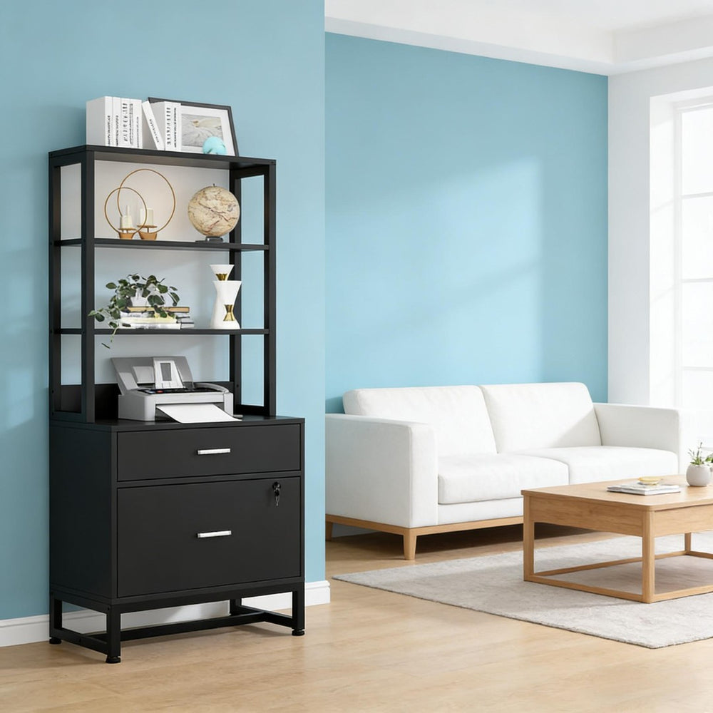 English Elm Ample Steel Office Filing Cabinet with Open Bookcase Shelves and Locking Document Drawers Black T3971P448270