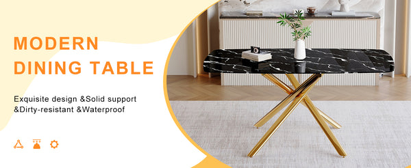 English Elm 63"x35.4" Luxurious Marble-Patterned Tempered Glass Dining Table with Gold Fork Legs, Scratch-Resistant Elegance Black+Gold W1151S03298