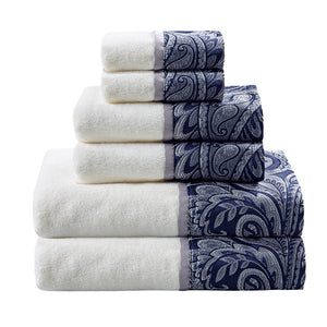 JLA Home Madison Park - 6 Piece Jacquard Towel Set — Luxurious 100% Cotton Paisley Hem Towels in Rich Taupe for OEKO‑TEX Safety Navy MP73-7451