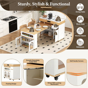 English Elm Trexm Rolling Kitchen Island Extendable Marble Top Cabinet Drawers Power Outlet Creamy White,Natural XW000029AAN