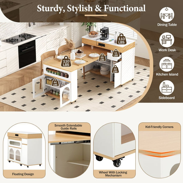 English Elm Trexm Rolling Kitchen Island Extendable Marble Top Cabinet Drawers Power Outlet Creamy White,Natural XW000029AAN