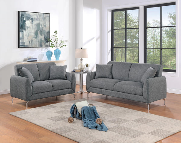 English Elm Elegant Burlap-Like 2pc Sofa Loveseat Set with Chrome Triangle Legs, Tight Seat/Back & Pillows Dark Gray 75 L x 30 W x 21 H B011S01302