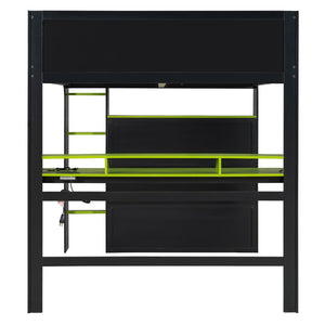 English Elm Full Size Gaming Bunk Bed with Rgb Lighting Integrated Desk Wardrobe and Storage Green LT100266AAG