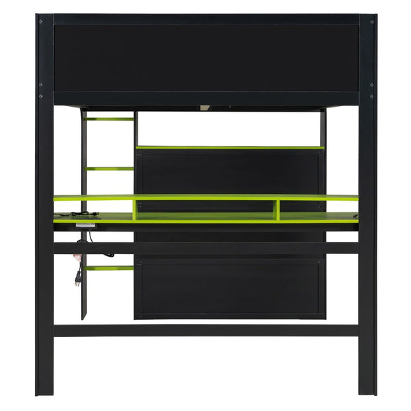 English Elm Full Size Gaming Bunk Bed with Rgb Lighting Integrated Desk Wardrobe and Storage Green LT100266AAG