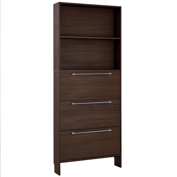 English Elm 12 Pair Shoe Organizer with Top Storage and Slim 78.75" Tall Cabinet, 3 Flip Drawers, Hooks, Sturdy Handles Walnut N845P261766D