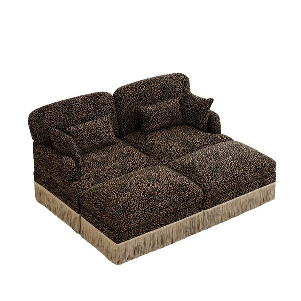 English Elm Comfy Chenille Leopard Print Loveseat with Tassel Trim and Movable Ottoman Modules Brown W5656S00012