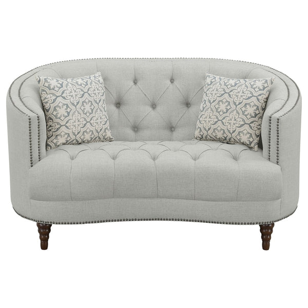 English Elm Veronica Tufted Linen Loveseat with Nailhead Trim and Curved Back for Parlor Style B062P357780