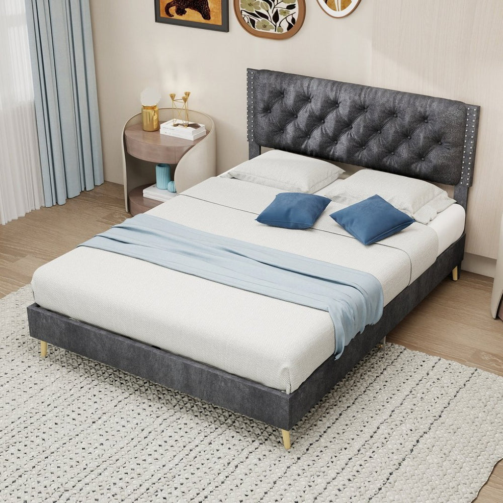 English Elm Suede Tufted Platform Bed Full Size Upholstered Headboard for Restful Bedroom Retreat Grey W1935P360997
