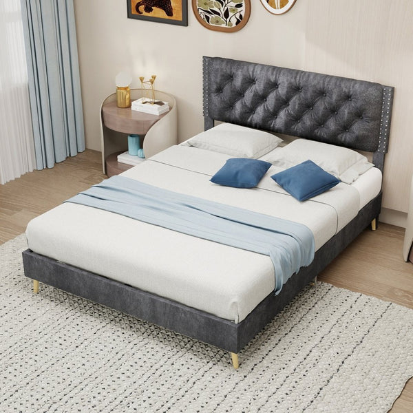 English Elm Suede Tufted Platform Bed Full Size Upholstered Headboard for Restful Bedroom Retreat Grey W1935P360997