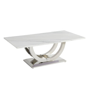 English Elm 50.4 Inch Rectangular Coffee Table Marble Mdf Top Sculptural Steel Arc Base Modern W3357P395502