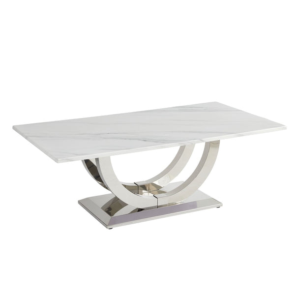 English Elm 50.4 Inch Rectangular Coffee Table Marble Mdf Top Sculptural Steel Arc Base Modern W3357P395502