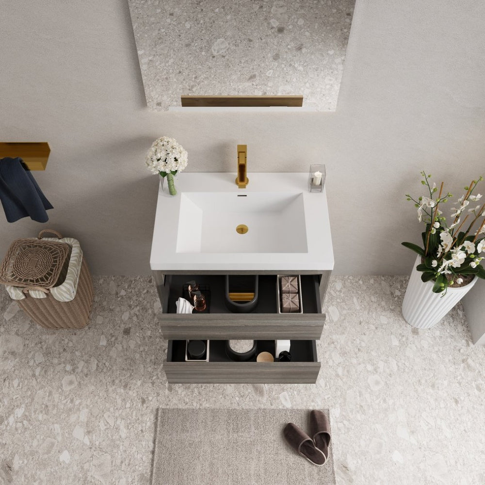 English Elm 30'' Wall Mounted Bathroom Vanity Smoked Walnut Fluted Cabinet Matte Black Basin Grey Ash W1920P385571