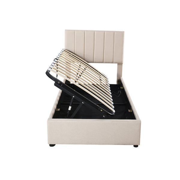 English Elm Twin Upholstered Hydraulic Storage Bed with Vertical Stripe Headboard, Space-Saving Modern Platform Beige SF000185AAA