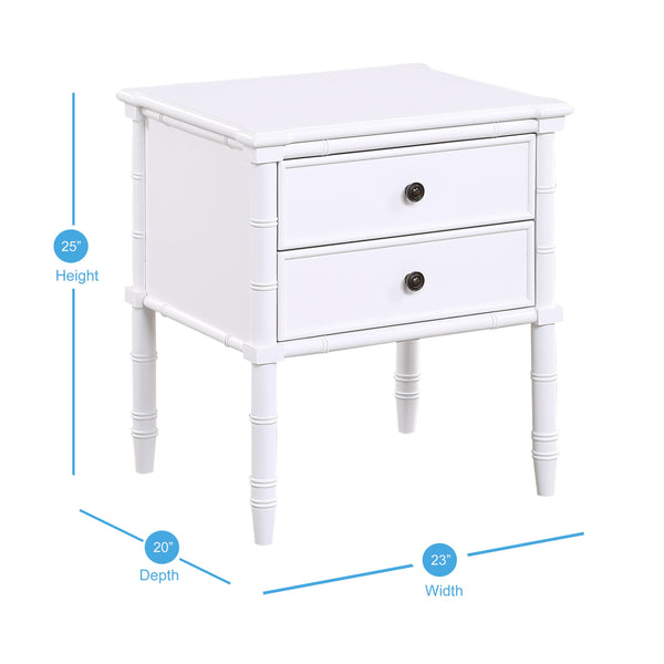 English Elm Emmett carved bamboo nightstand with 2 full‑extension drawers, brass knobs and floor‑protecting glides White B050P376943
