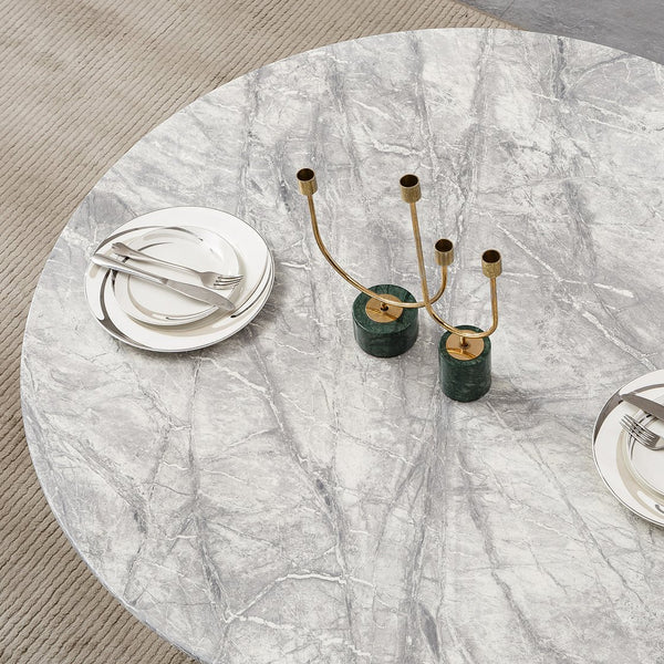 English Elm 47" Round Marble Dining Table - Chic Faux Marble Top & Gold Stainless Steel Base - Versatile & Durable Design For Any Space W3456S00009