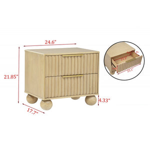 English Elm Modern Fluted Nightstand with Rounded Legs — Light Oak Bedside Table, Sculptural 2-Drawer Design, 25"W B011P380806