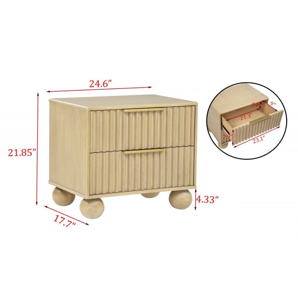 English Elm Modern Fluted Nightstand with Rounded Legs — Light Oak Bedside Table, Sculptural 2-Drawer Design, 25"W B011P380806