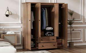 English Elm 4 Door Wardrobe Armoire Closet with 2 Drawers Rustic Pine & MDF Storage Cabinet with Shelves and Hanging Space Brown N7090001842D