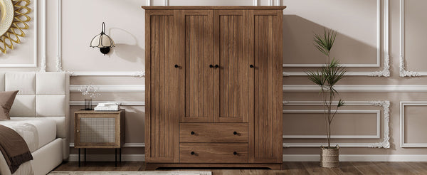 English Elm 4 Door Wardrobe Armoire Closet with 2 Drawers Rustic Pine & MDF Storage Cabinet with Shelves and Hanging Space Brown N7090001842D