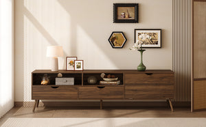 English Elm Mid Century TV Stand Natural Wood Grain with Drop-Down Door, 2 Drawers & 4 Cabinets, Cable-Managed Storage (Fits TVs up to 80") N710P295758P