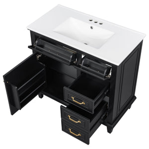 English Elm 36 Inch Bathroom Vanity With Ceramic Sink Top, Solid Wood Frame & Smart Storage Solutions For Style N725P336554B