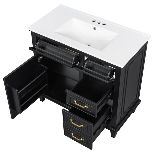 English Elm 36 Inch Bathroom Vanity With Ceramic Sink Top, Solid Wood Frame & Smart Storage Solutions For Style N725P336554B