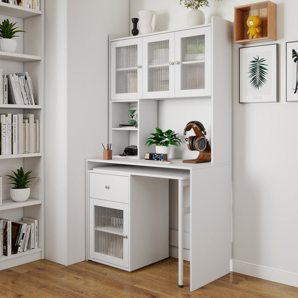English Elm Computer Desk with Glass Doors, Hutch & Drawer Storage, Rotating 90° Desktop and Spacious Work Surface White W331S00194