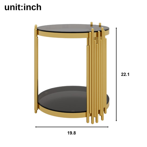 English Elm Modern Round Mirrored Glass End Table with Gold Metal Frame and Lower Display Shelf Black N735P380092B