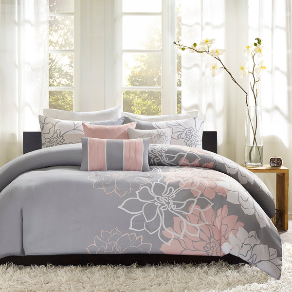 JLA Home Madison Park - 6 Piece Printed Duvet Cover Set with Floral & Stripe Motifs, OEKO-TEX Cotton, Button Closure, Ties Grey/Peach MP12-5674
