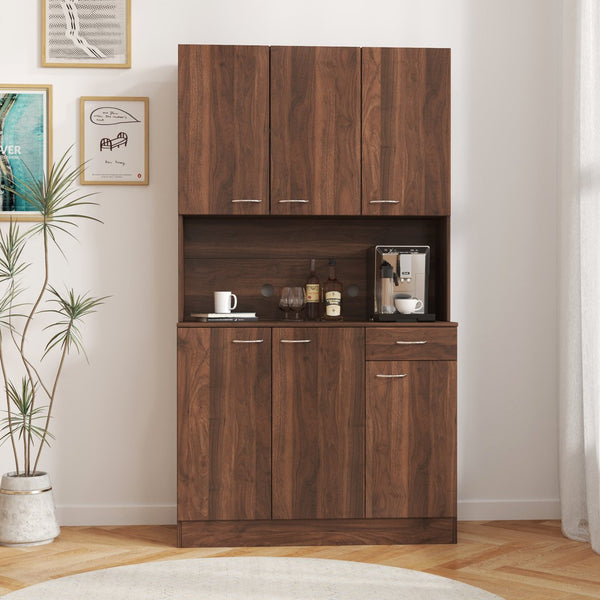 English Elm 70.87" Melamine Wardrobe & Kitchen Cabinet, 6-Door Storage with Drawer & Open Shelf, Walnut Finish, Durable Sturdy Design W331S00172