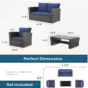 English Elm 4-piece Outdoor Wicker Conversation Set with Tempered Glass Table and Resort Style Blue+Brown B082S00057