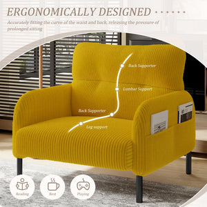 English Elm UNITED Corduroy Accent Chair with Ergonomic Curve, High-Density Foam Seat & Dual Side Pockets for Cozy Living Spaces Yellow W1568P307260