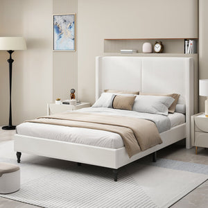 English Elm Queen Plush Upholstered Bed Frame with 55.5" High Headboard, Bouclé Style, 12-Slat Support, 1000lb Capacity White 64.96 L x 31.5 W x 8.07 H W1716P335676