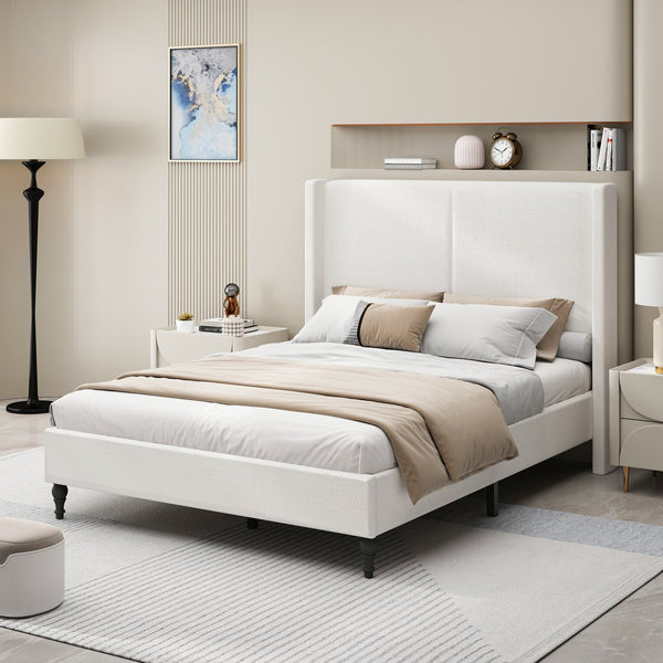 English Elm Queen Plush Upholstered Bed Frame with 55.5" High Headboard, Bouclé Style, 12-Slat Support, 1000lb Capacity White 64.96 L x 31.5 W x 8.07 H W1716P335676