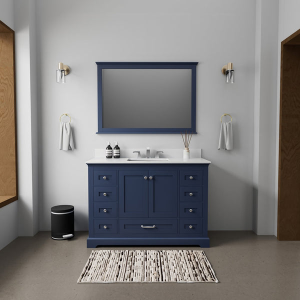 English Elm Navy Single Bath Vanity 48"W x 22"D with White Quartz Top, Chrome Faucet, 46" Mirror, Durable Finish B2731S01239